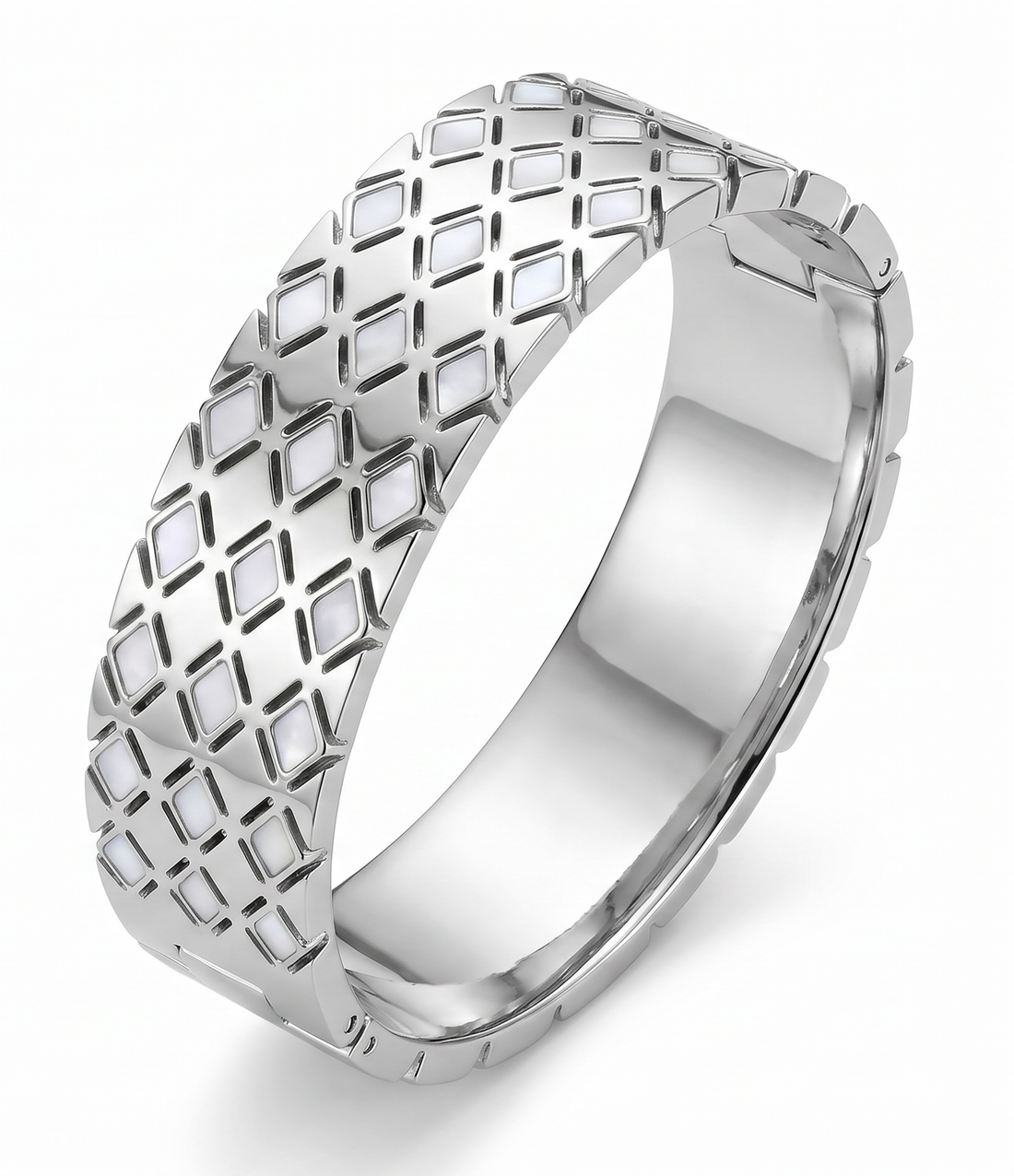 Silver Diamond-Pattern Enamel Bangle Bracelet