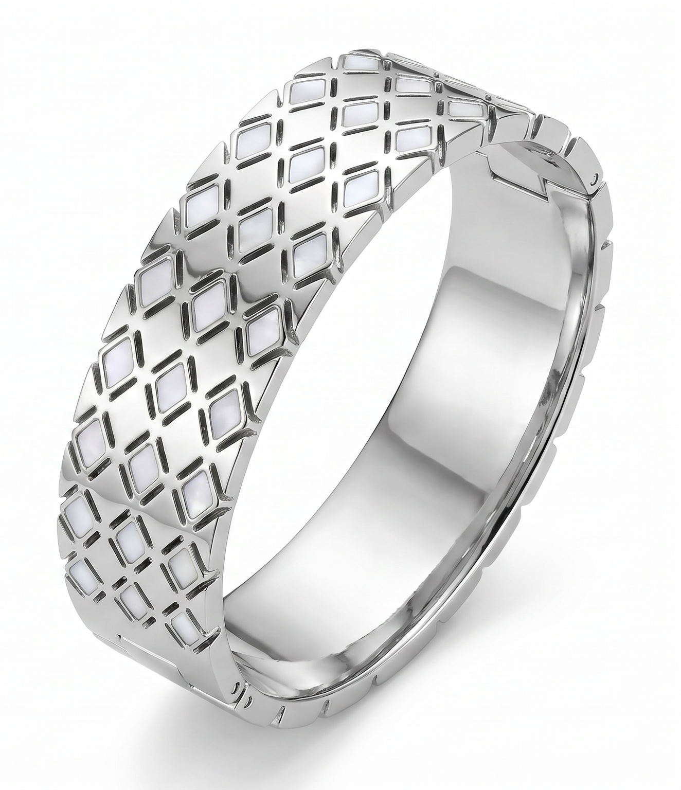 Silver Diamond-Pattern Enamel Bangle Bracelet