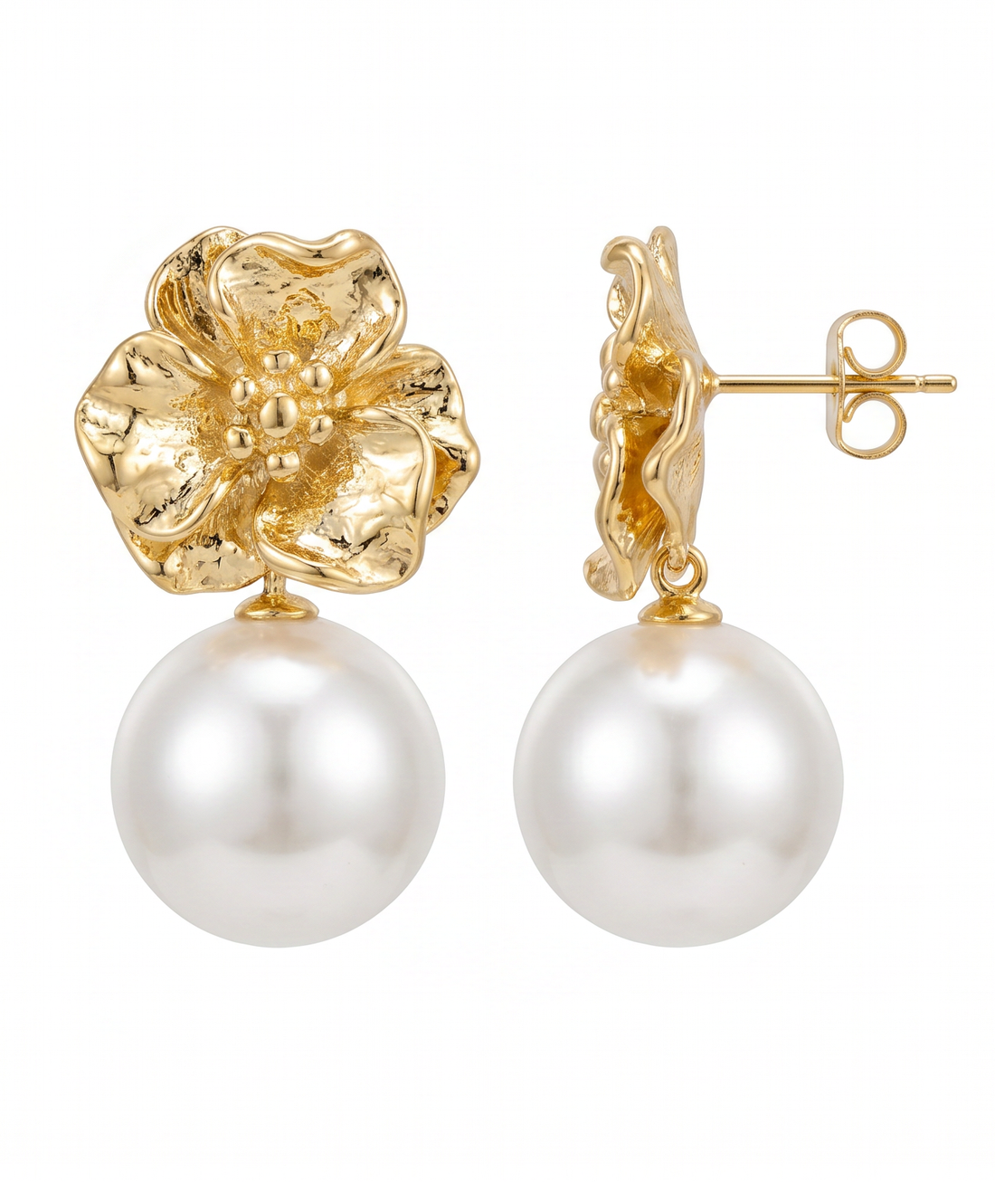 Gold Floral Pearl Drop Earrings