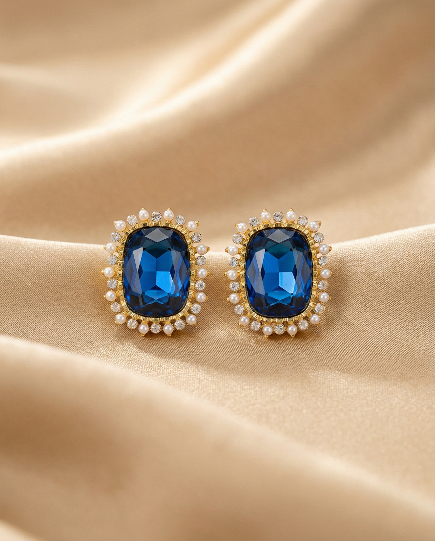 Blue Stone Pearl Halo Earrings