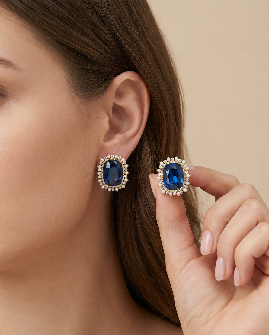 Blue Stone Pearl Halo Earrings