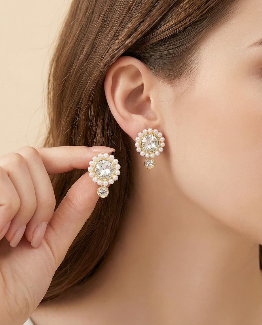 Pearl Framed Crystal Drop Earrings