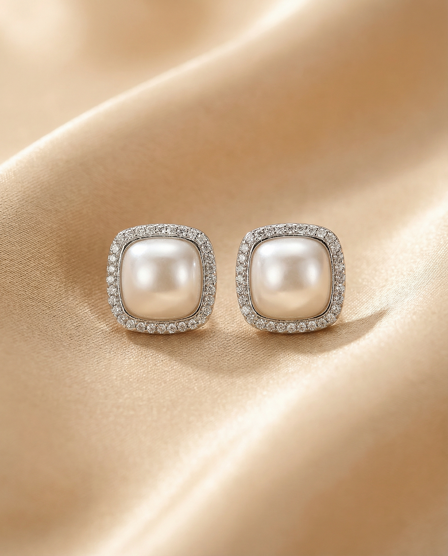 Pearl Cabochon Crystal Halo Earrings