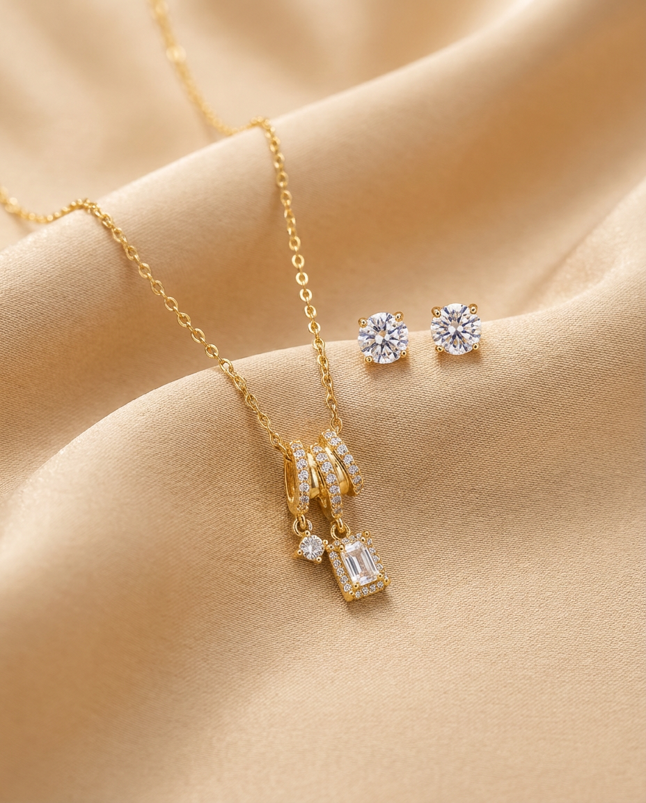 Crystal Cluster Pendant Necklace Set