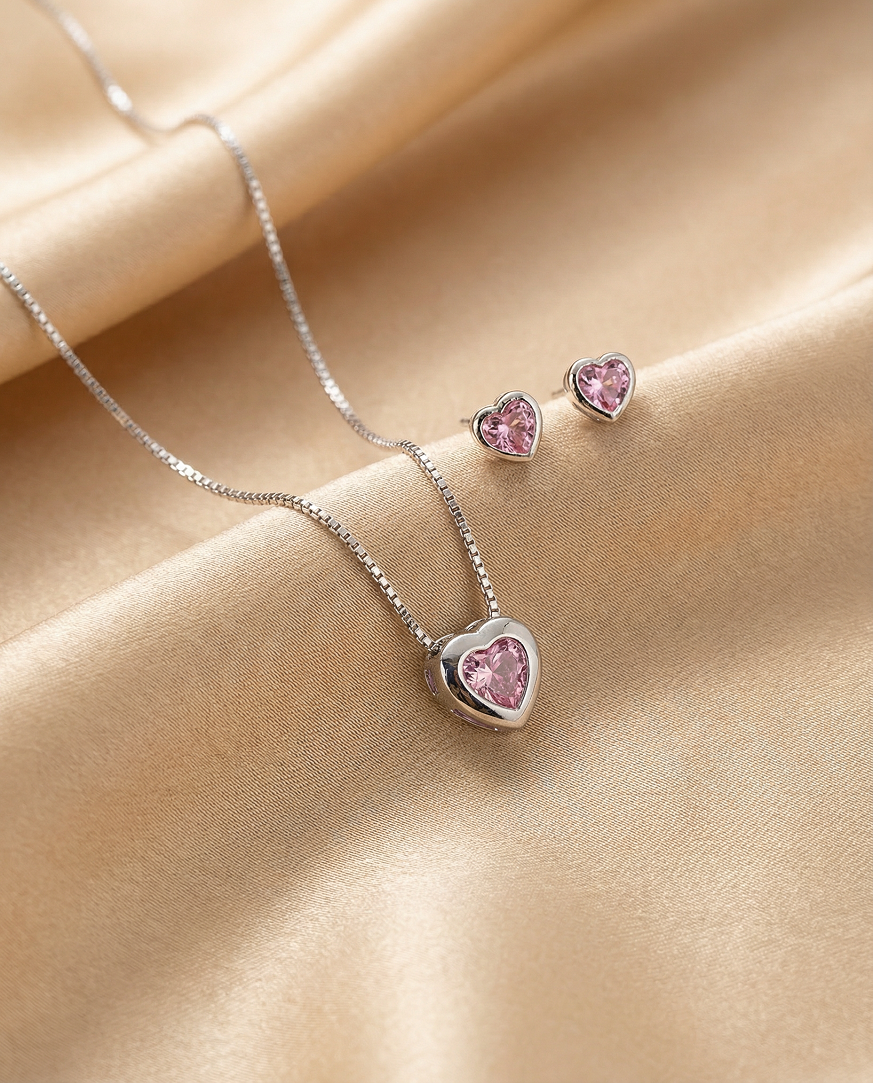 Pink Heart Pendant Necklace Set
