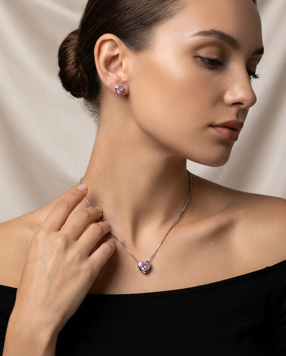Pink Heart Pendant Necklace Set