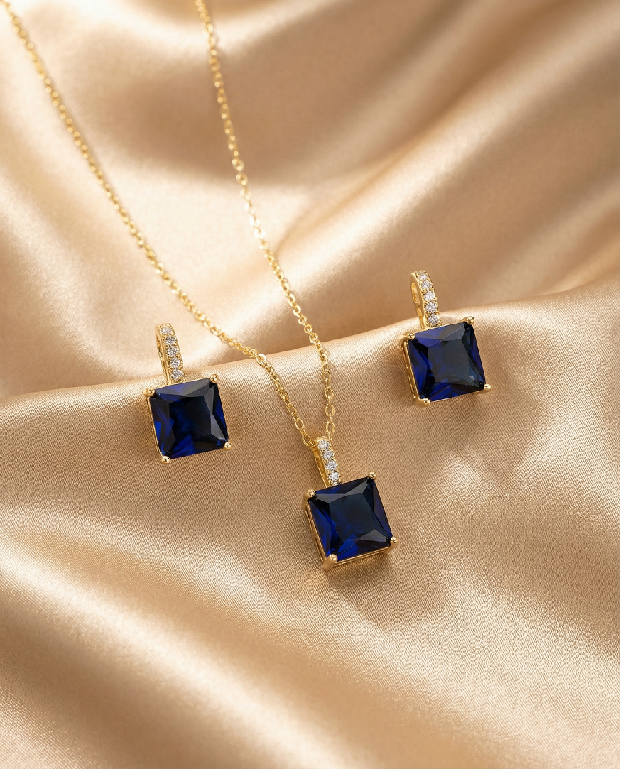 Blue Square Crystal Necklace Set