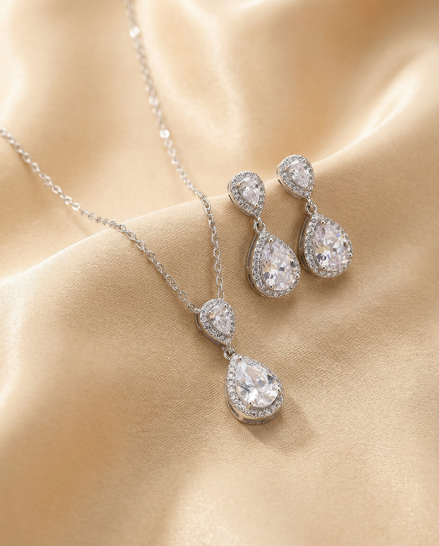 Teardrop Crystal Halo Necklace Set