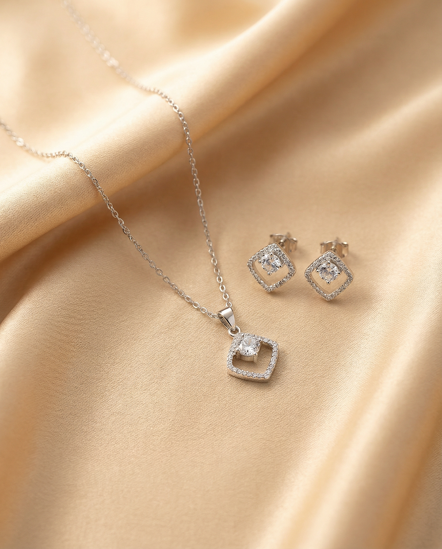 Open Square Crystal Necklace Set