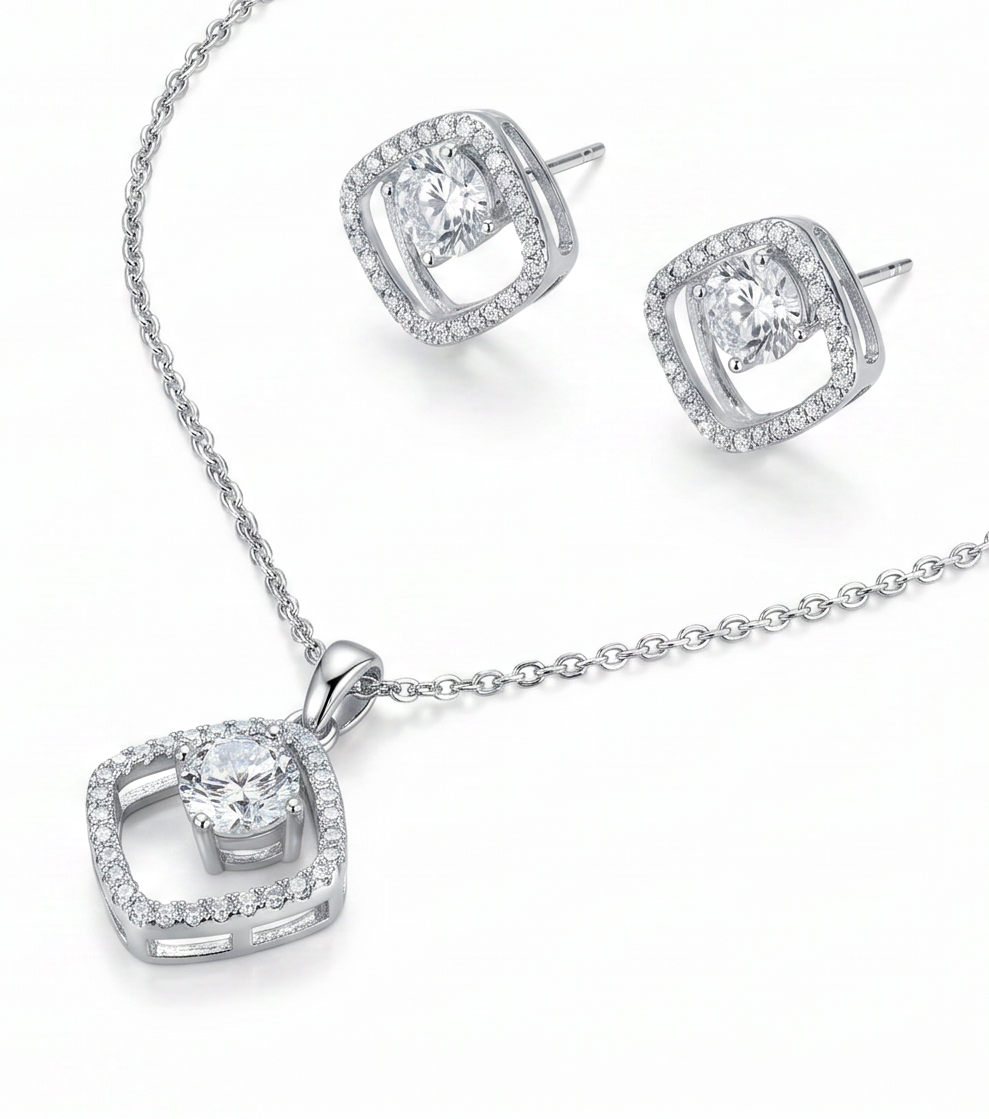 Open Square Crystal Necklace Set