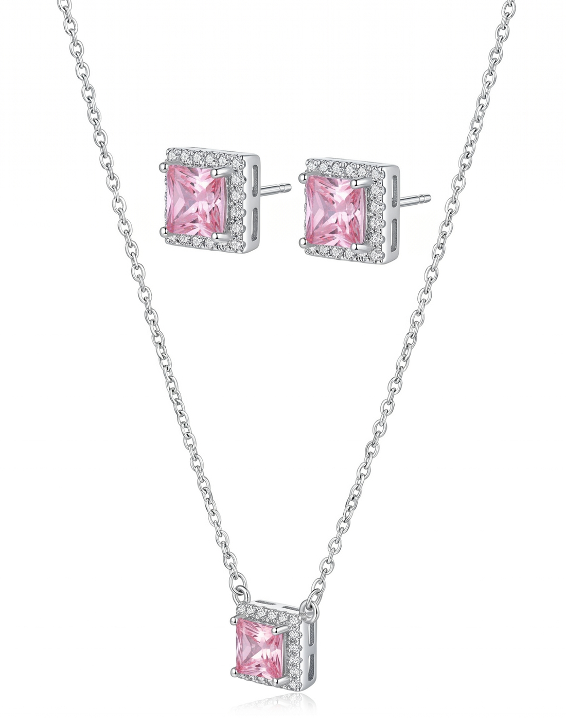 Pink Square Crystal Necklace Set