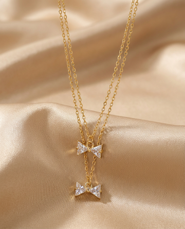 Golden Double Bow Crystal Layered Necklace