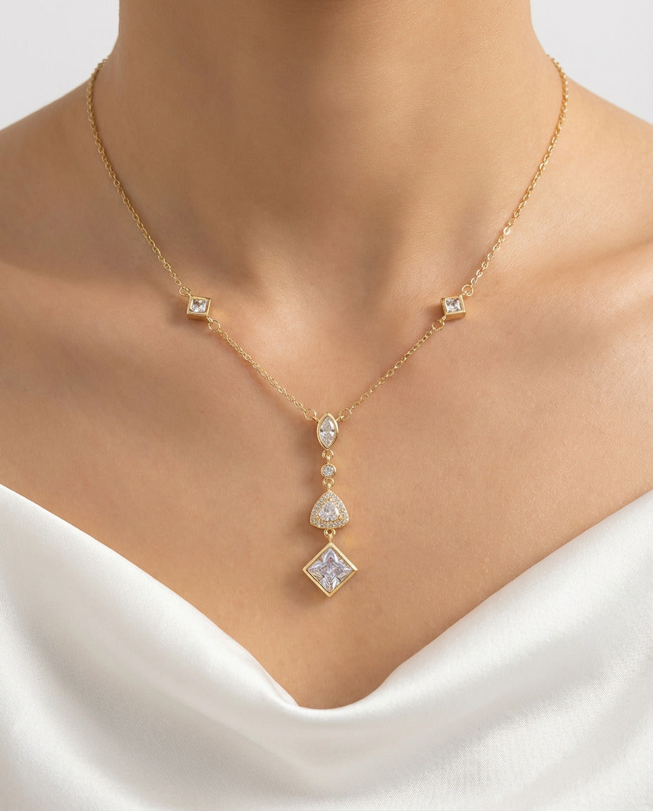 Golden Geometry Crystal Drop Necklace