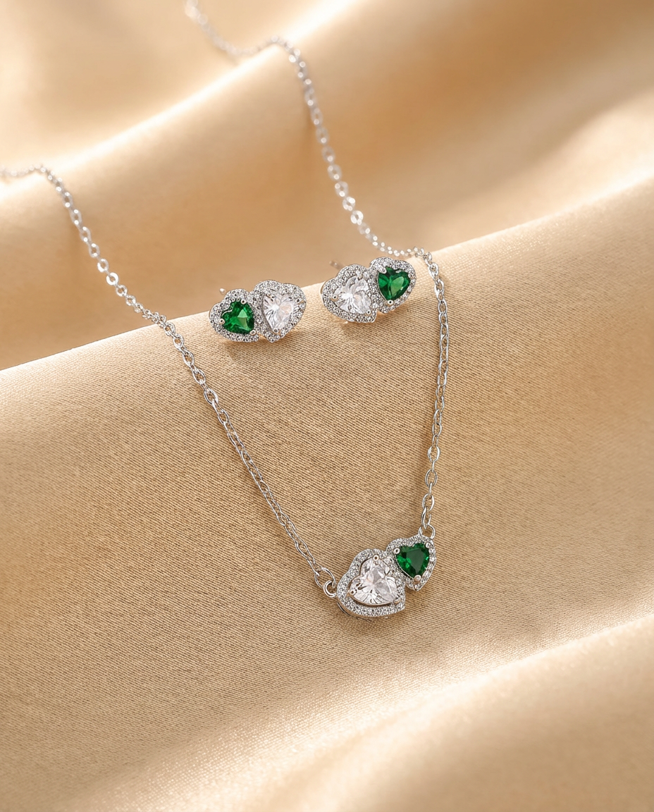 Dual Heart Silver Jewelry Set