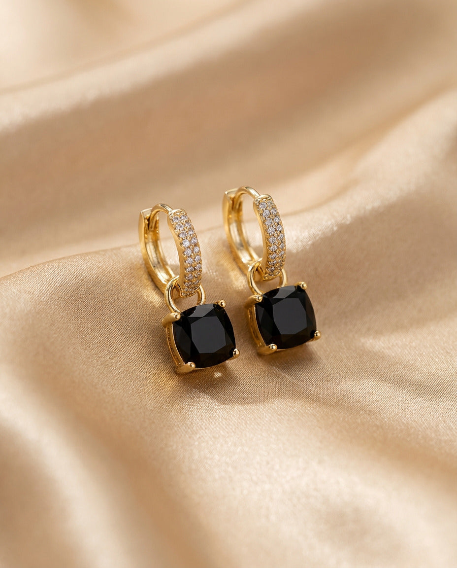 Black Gemstone Gold Hoop Earrings