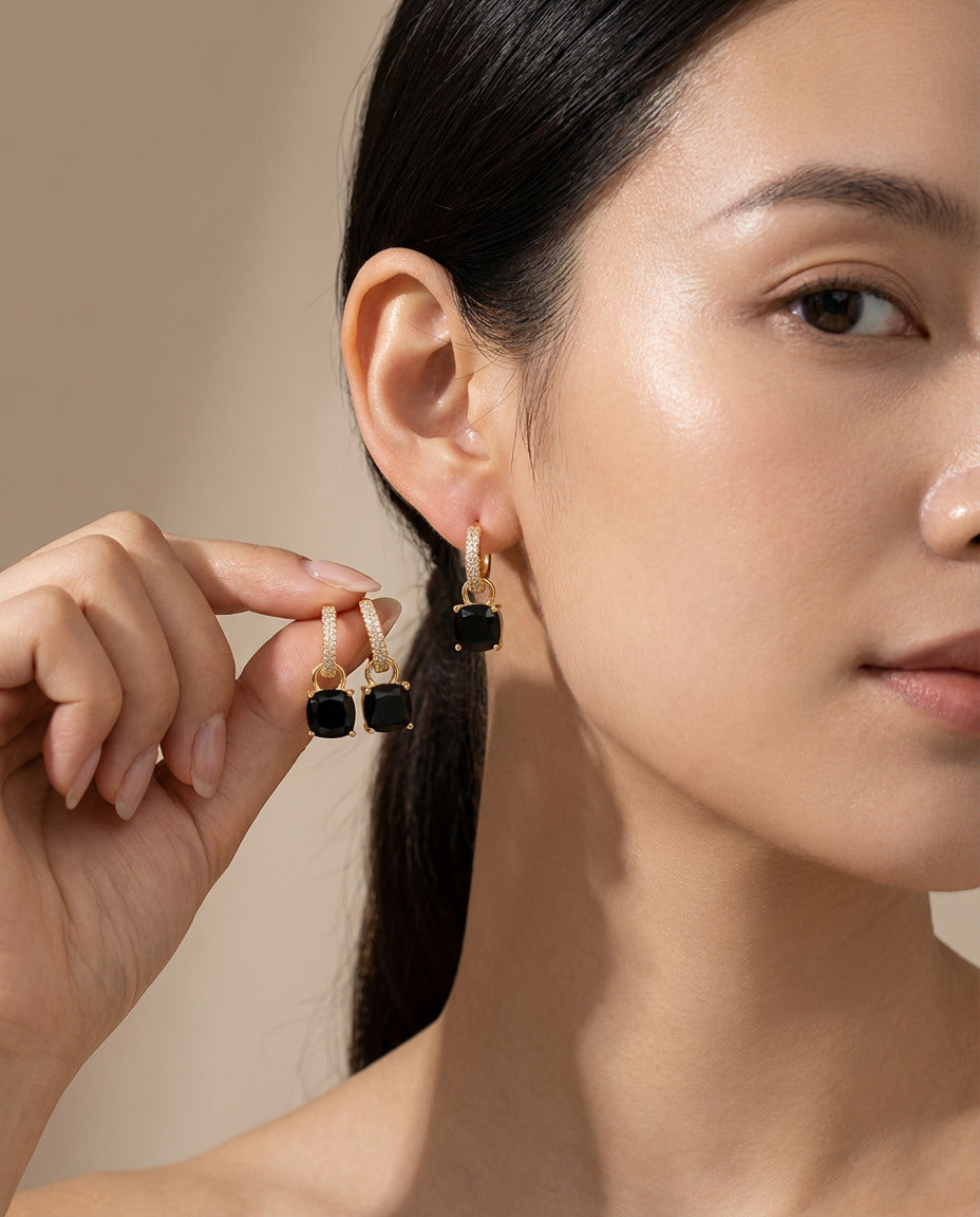 Black Gemstone Gold Hoop Earrings