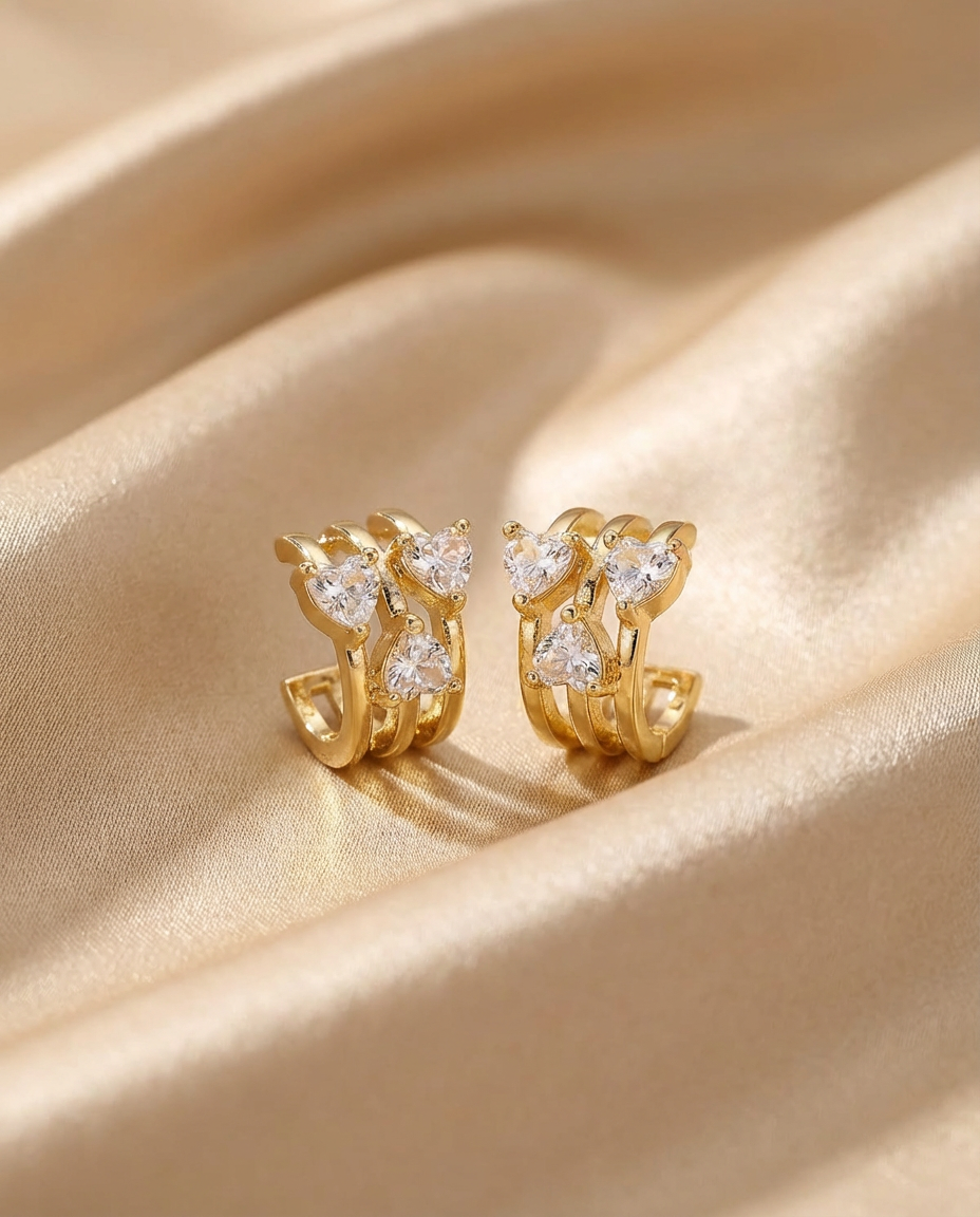 Gold Triple Heart Hoop Earrings