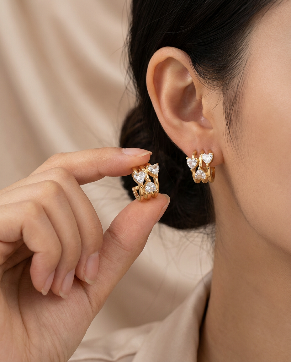 Gold Triple Heart Hoop Earrings