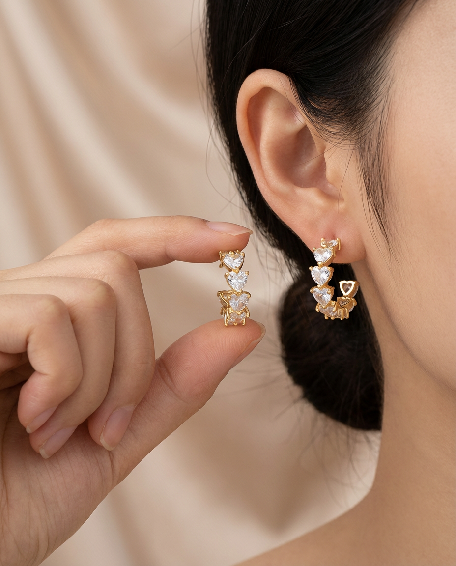 Gold Heart Crystal Hoop Earrings