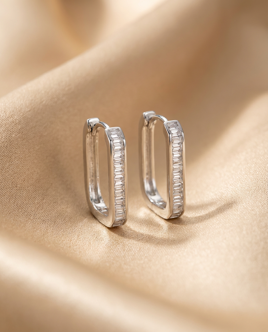 Rectangular Hoop Earrings with Crystal Inlay