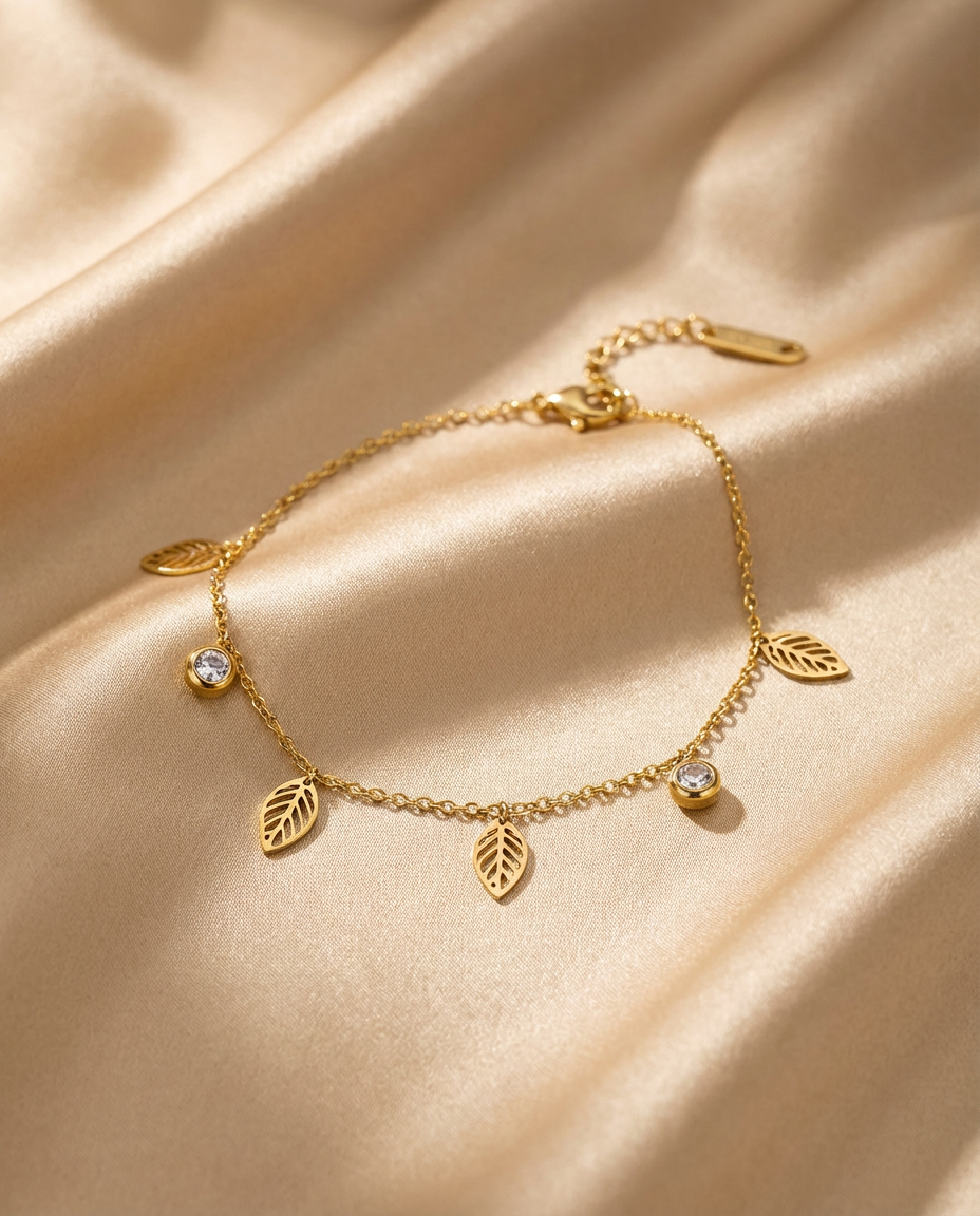 Delicate Gold Leaf & Crystal Charm Bracelet
