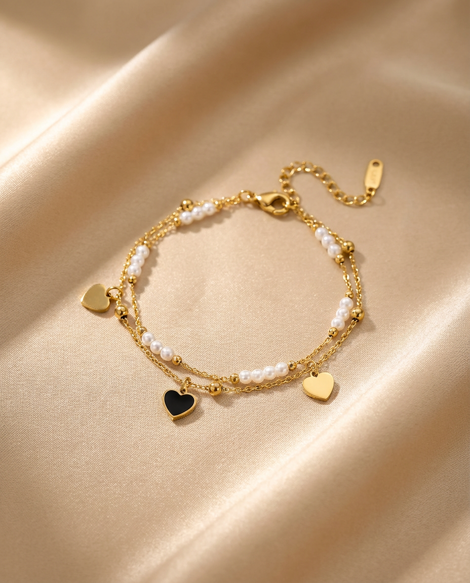 Chic Double-Layer Pearl & Heart Charm Bracelet