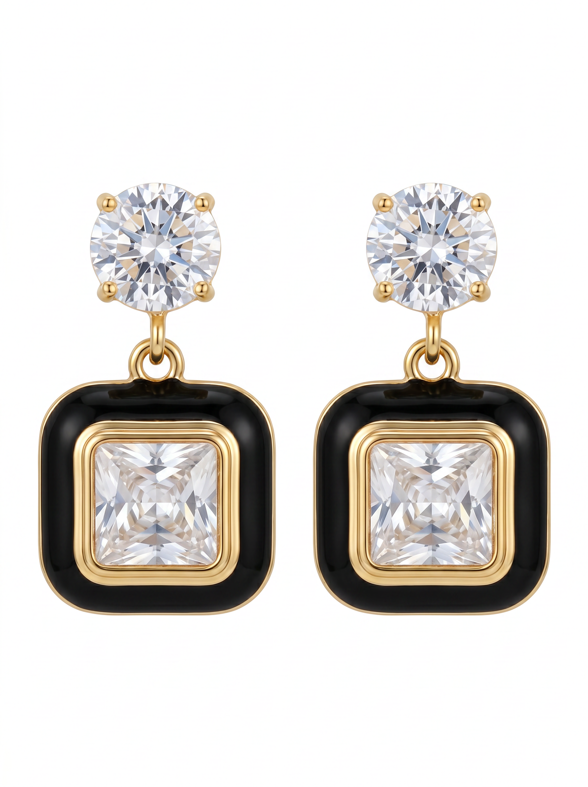 Black Enamel Square Crystal Drop Earrings