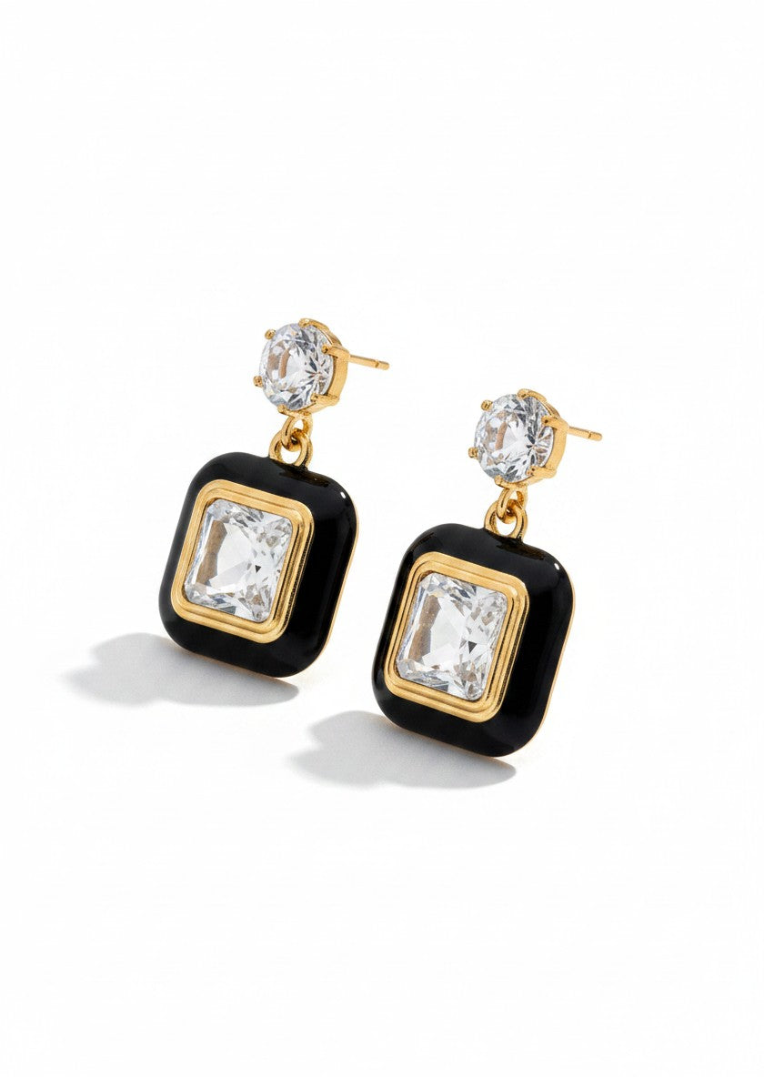 Black Enamel Square Crystal Drop Earrings