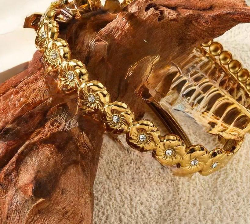 Gold Floral Crystal Bangle Bracelet