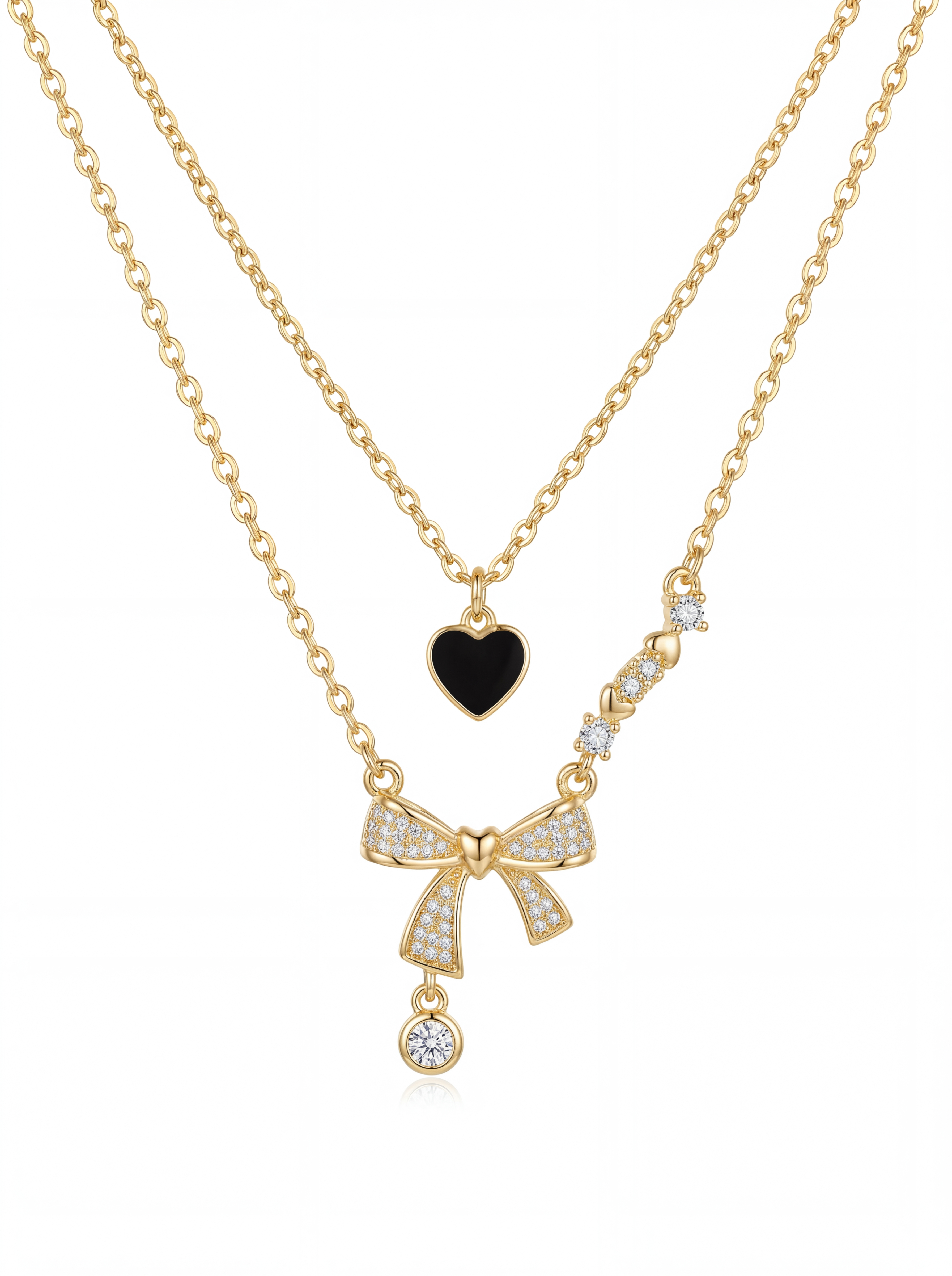 Midnight Heart Bow Crystal Layered Necklace