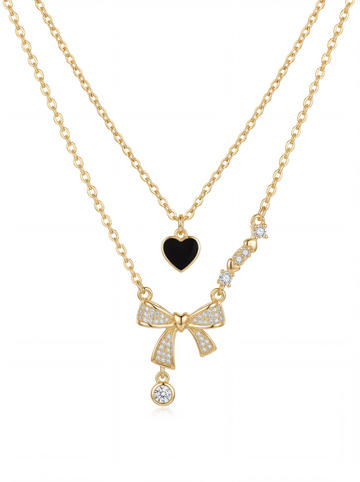 Midnight Heart Bow Crystal Layered Necklace
