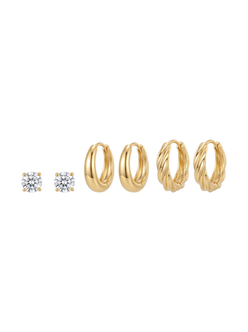 Minimal Sparkle Stud and Textured Gold Hoop Earring Set