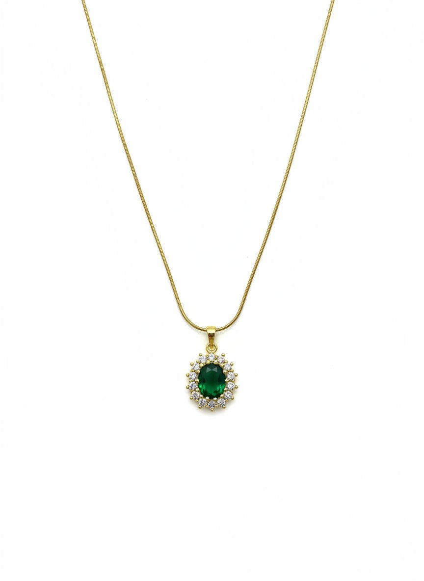 Oval Green Crystal Solitaire Pendant Necklace