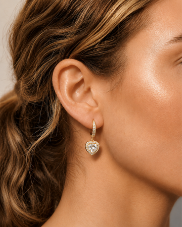 Crystal Heart Light Gold Hoop Drop Earrings