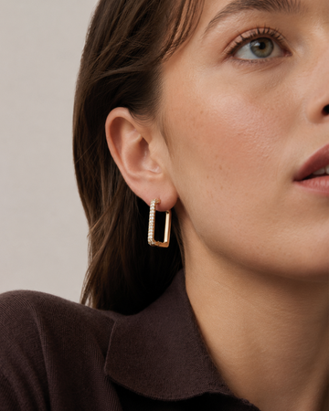 Textured Rectangular Pavé Light Gold Hoop Earrings