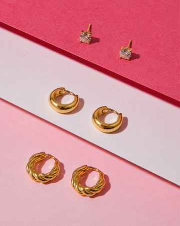 Minimal Sparkle Stud and Textured Gold Hoop Earring Set