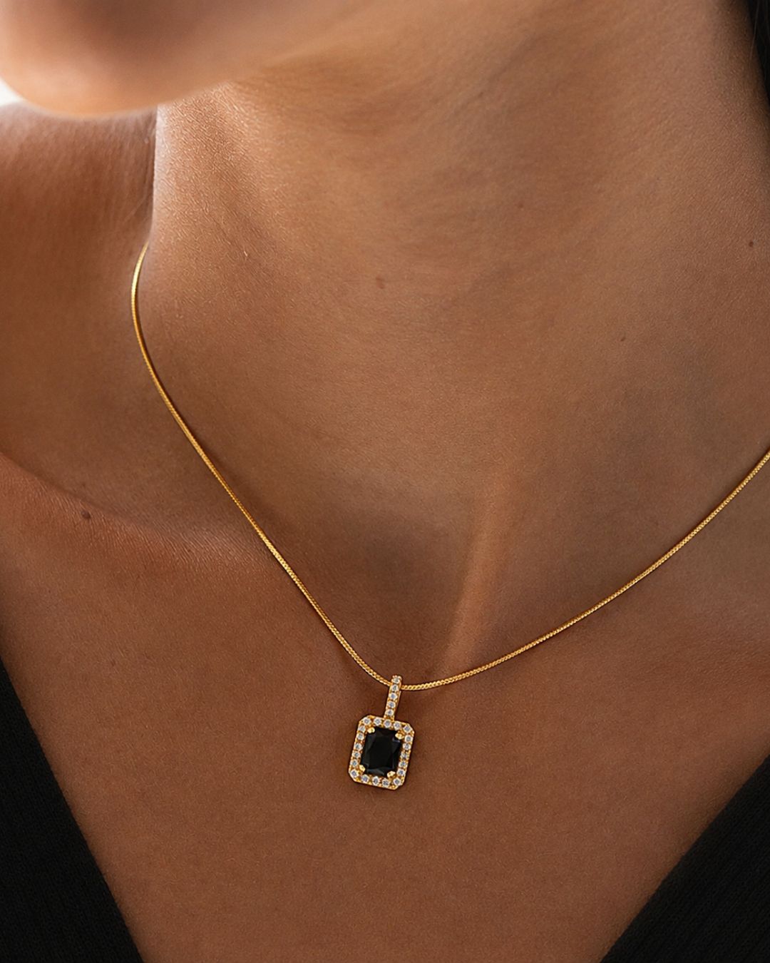 Emerald Cut Black Stone Pendant Necklace
