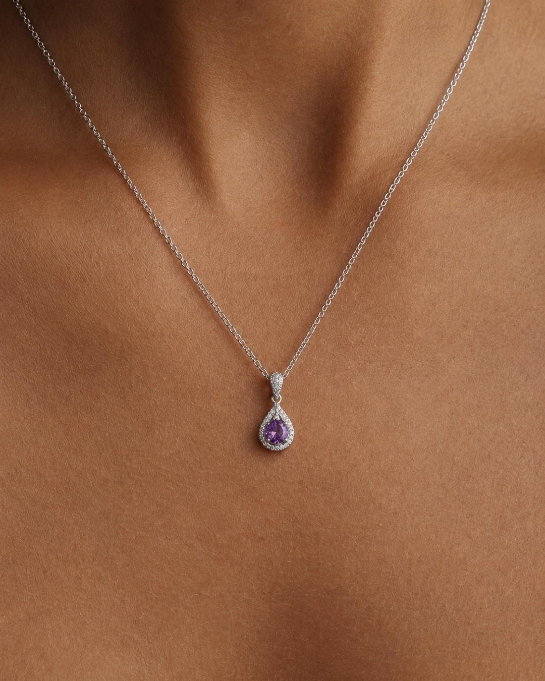 Pear Violet Crystal Halo Pendant Necklace