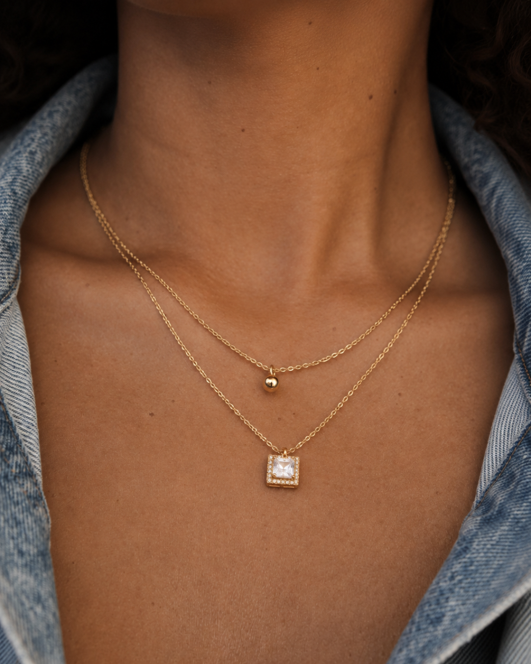 Radiant Solitaire Charm Layered Gold Necklace