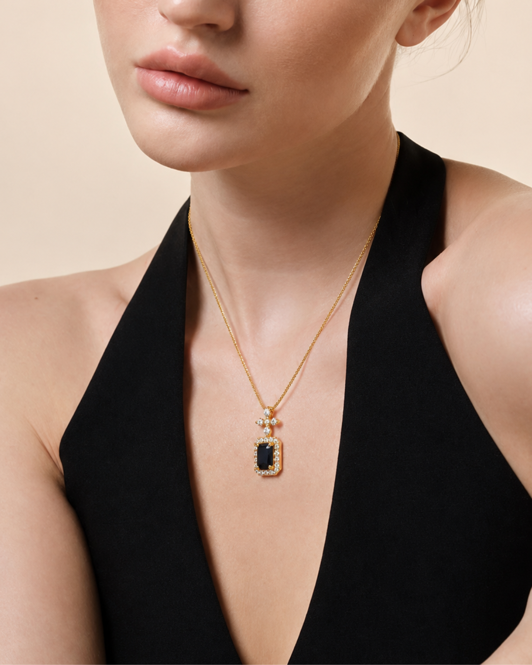 Vintage Cross Detail Black Gem Necklace