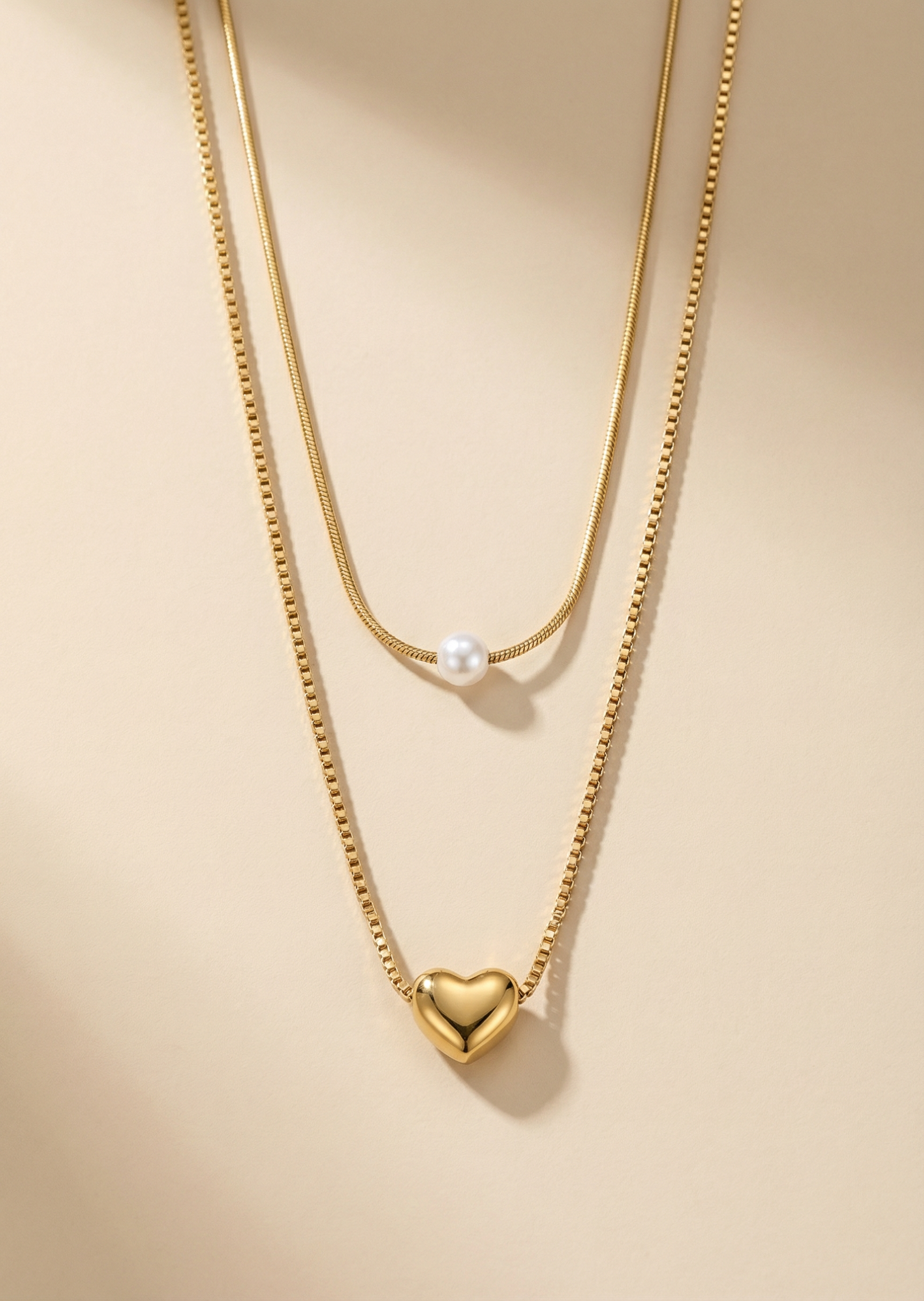 Elegant Layered Gold Necklace with Heart & Pearl Accents