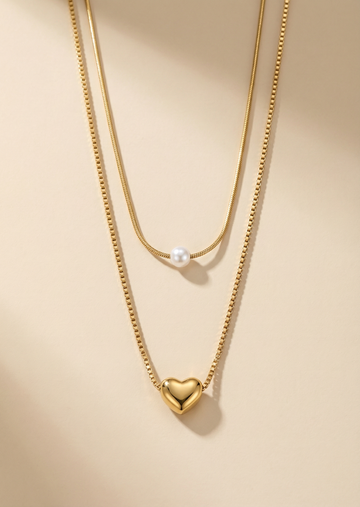 Elegant Layered Gold Necklace with Heart & Pearl Accents