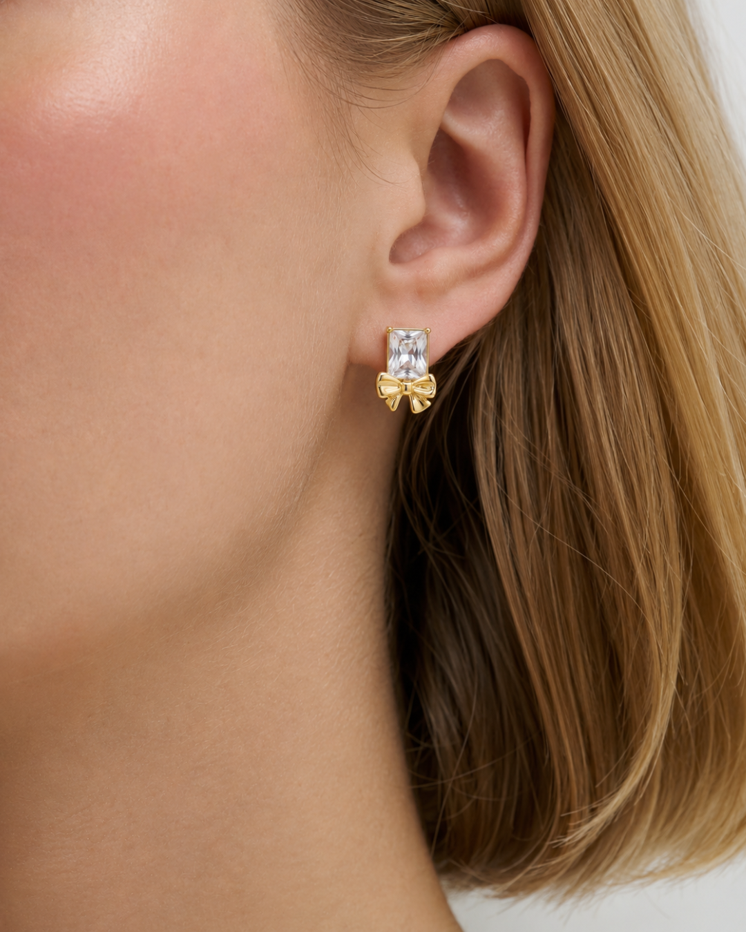 Emerald Cut Crystal Bow Stud Earrings