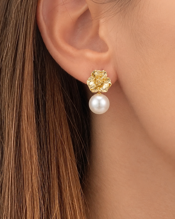 Gold Floral Pearl Drop Earrings