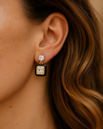 Black Enamel Square Crystal Drop Earrings