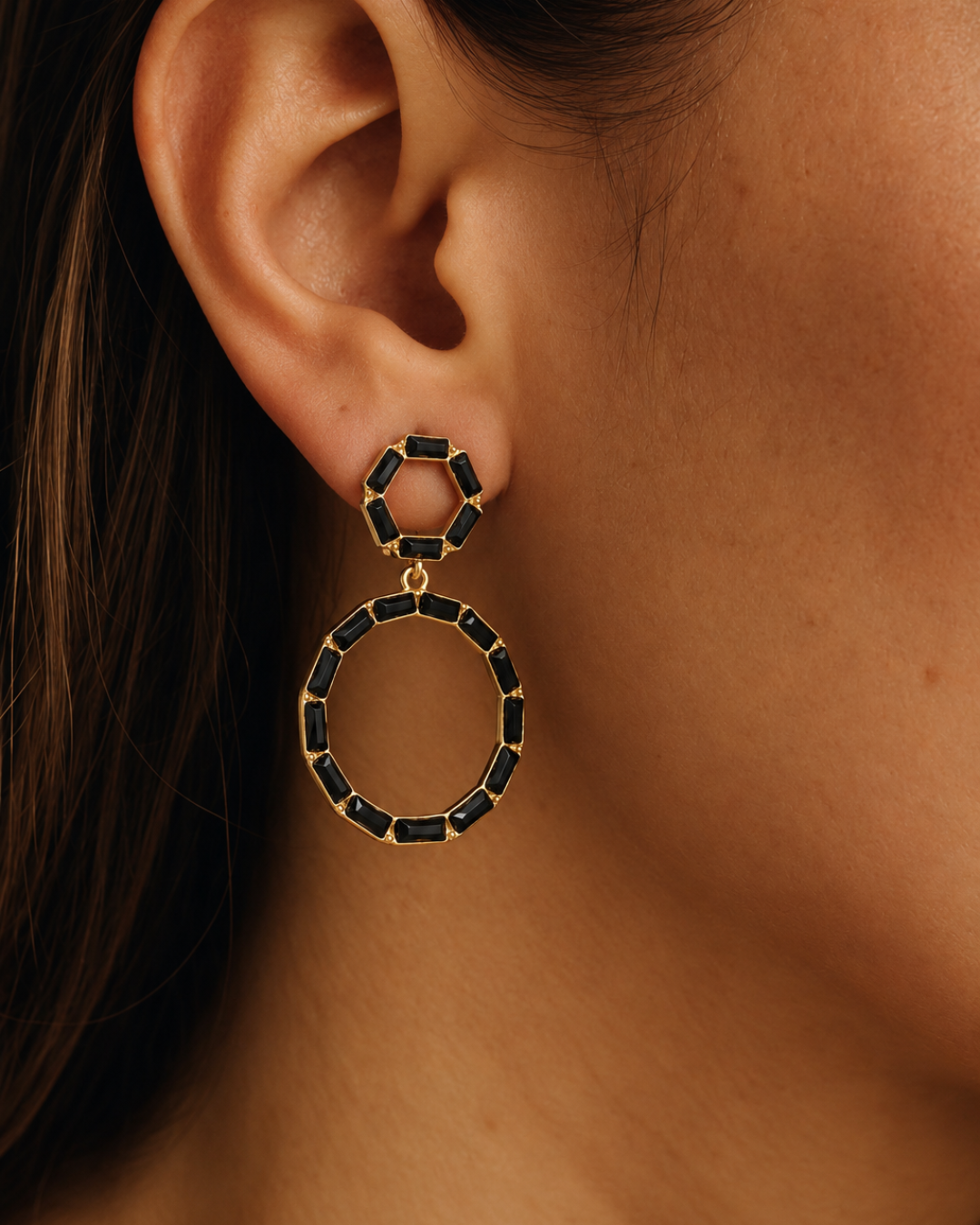 Black Baguette Crystal Hoop Drop Earrings
