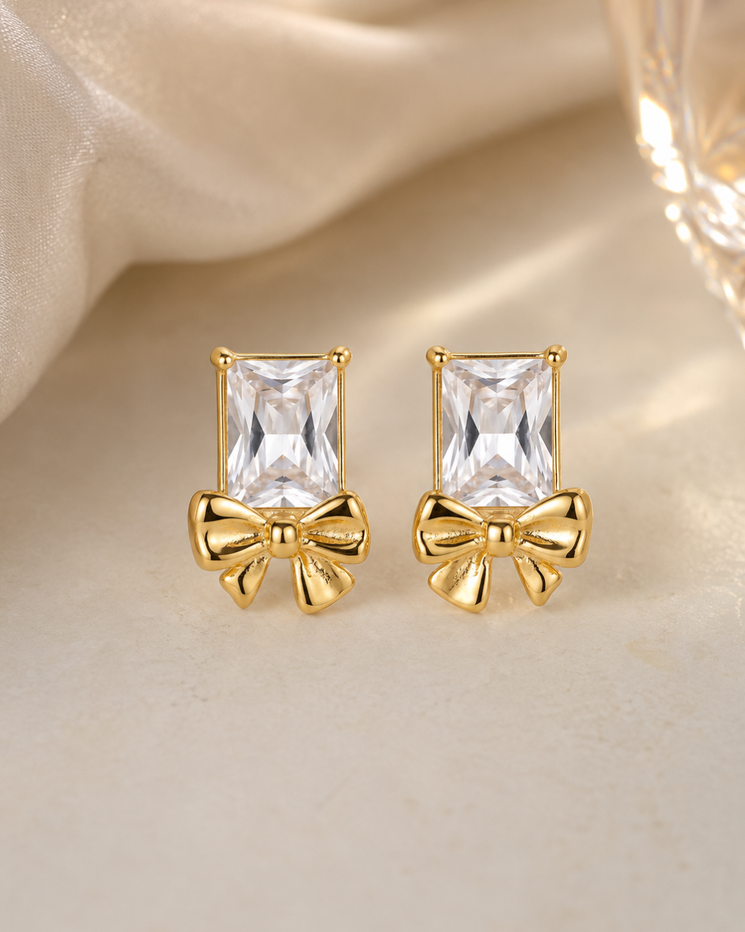 Emerald Cut Crystal Bow Stud Earrings
