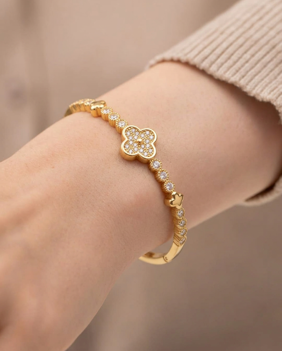 Gold Clover Crystal Bangle Bracelet