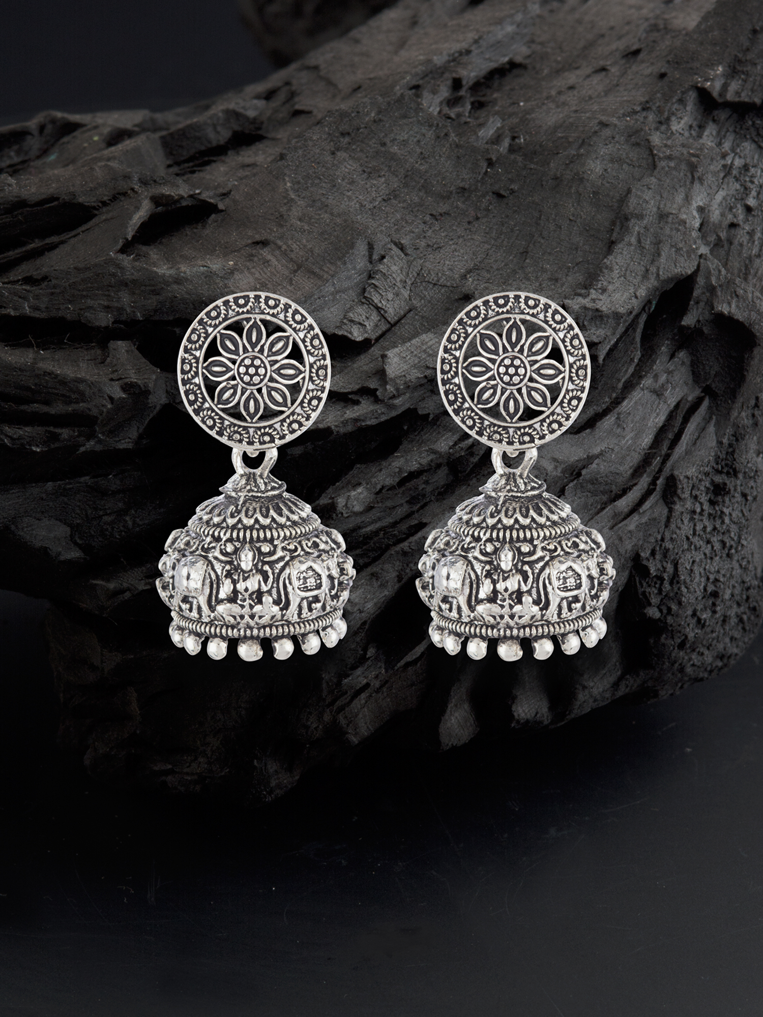 OXIDISED DOME SHAPED TEMPLE JEWELLERY JHUMKAS – E2O Fashion