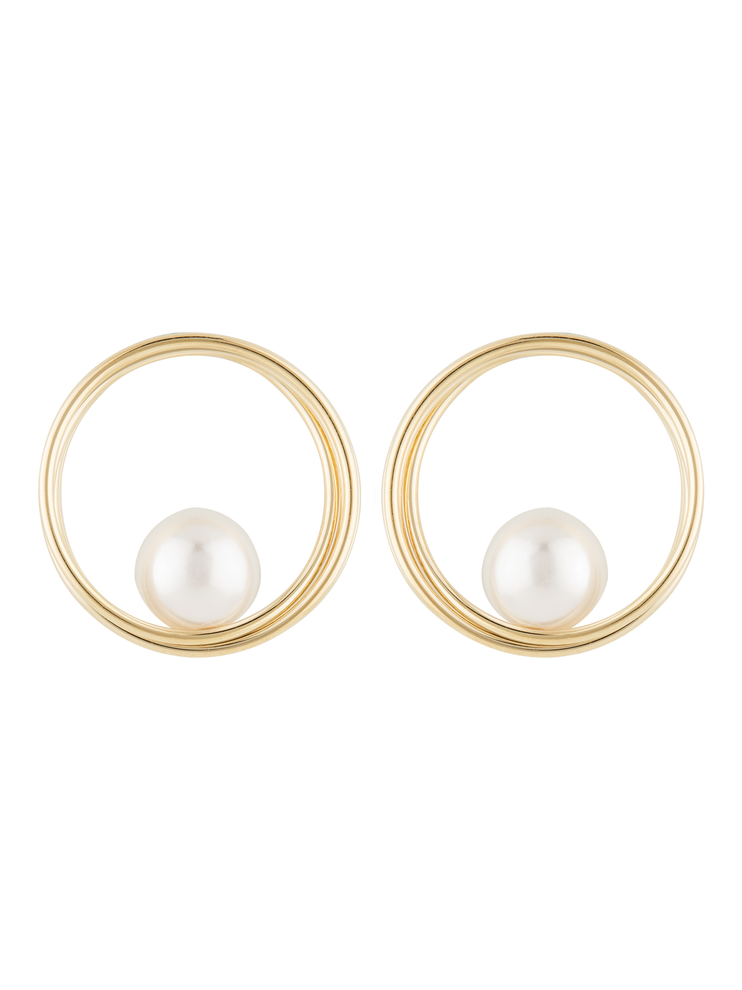 SELF DESIGN WITH WHITE PERAL EMBELLISHED IN ROUND SHAPED GOLD PLATTED STUD  EARRING – E2O Fashion